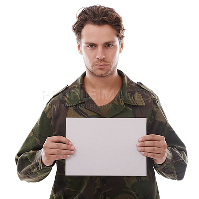 Buy stock photo Military, mockup and portrait of man in studio for depression, ptsd or awareness on white background. Army, face or soldier with paper space for mental health, support or post service trauma recovery