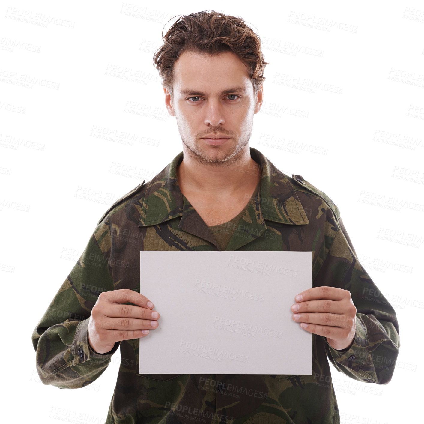 Buy stock photo Military, mockup and portrait of man in studio for depression, ptsd or awareness on white background. Army, face or soldier with paper space for mental health, support or post service trauma recovery