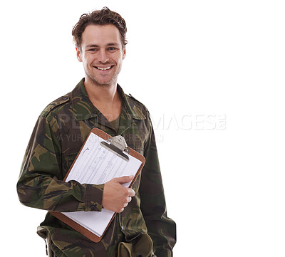 Buy stock photo Military, recruitment and clipboard with portrait of man in studio for war, conflict and sign up. Army, surveillance and security with person on white background for soldier, battlefield and veteran