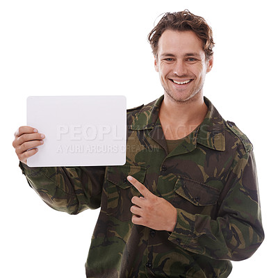 Buy stock photo Man with poster, military recruitment and advertising on white background with patriot and smile in portrait. Army mockup, announcement banner and soldier in studio, communication and join us sign