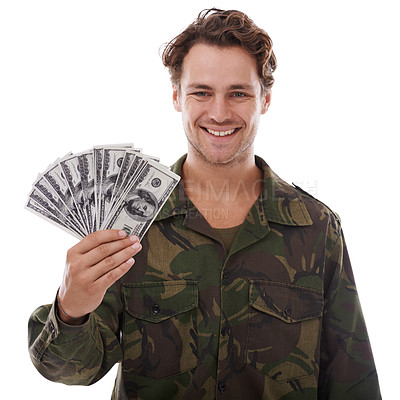 Buy stock photo Military, portrait and happy man with money fan in studio with payment, insurance or cashback on white background. Army, loan and face of male soldier with cash, bonus or loan, salary or compensation