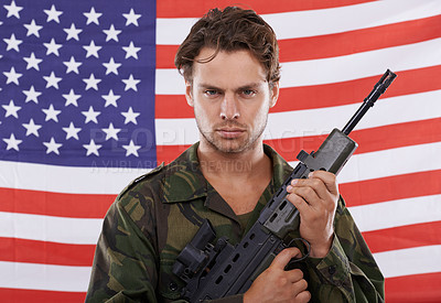 Buy stock photo Military, Usa and gun with portrait of man in studio for war, conflict and patriotism. Army, surveillance and security with person on American flag for soldier, battlefield and veteran training