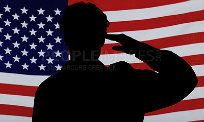 Buy stock photo Silhouette of a soldier saluting against an American flag