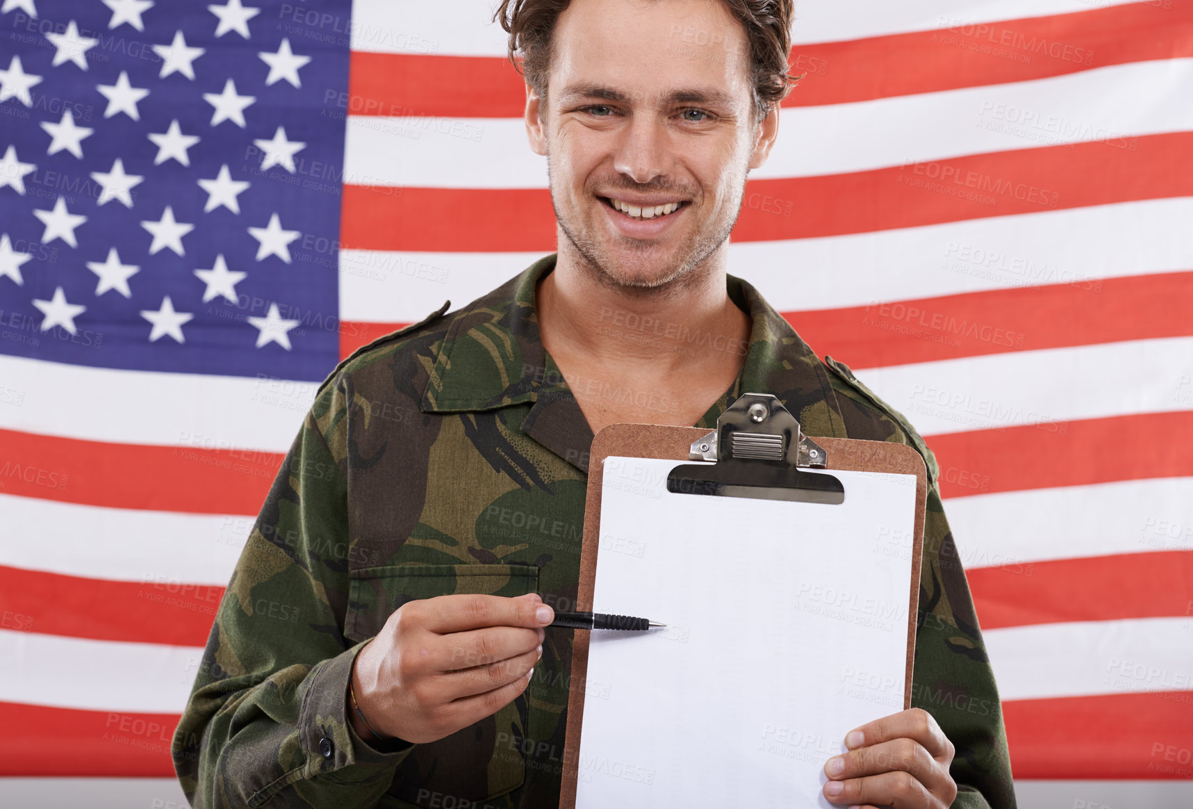 Buy stock photo Military, usa and recruitment with portrait of man in studio for war, conflict and patriotic. Army, mockup and page with person and clipboard on American flag for soldier, battlefield and veteran