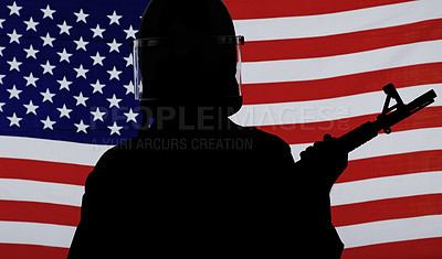 Buy stock photo Army, silhouette and usa with soldier and gun in studio for war, military service or patriotic. Armed forces, hero and veteran with person on American flag background for battle, training and courage