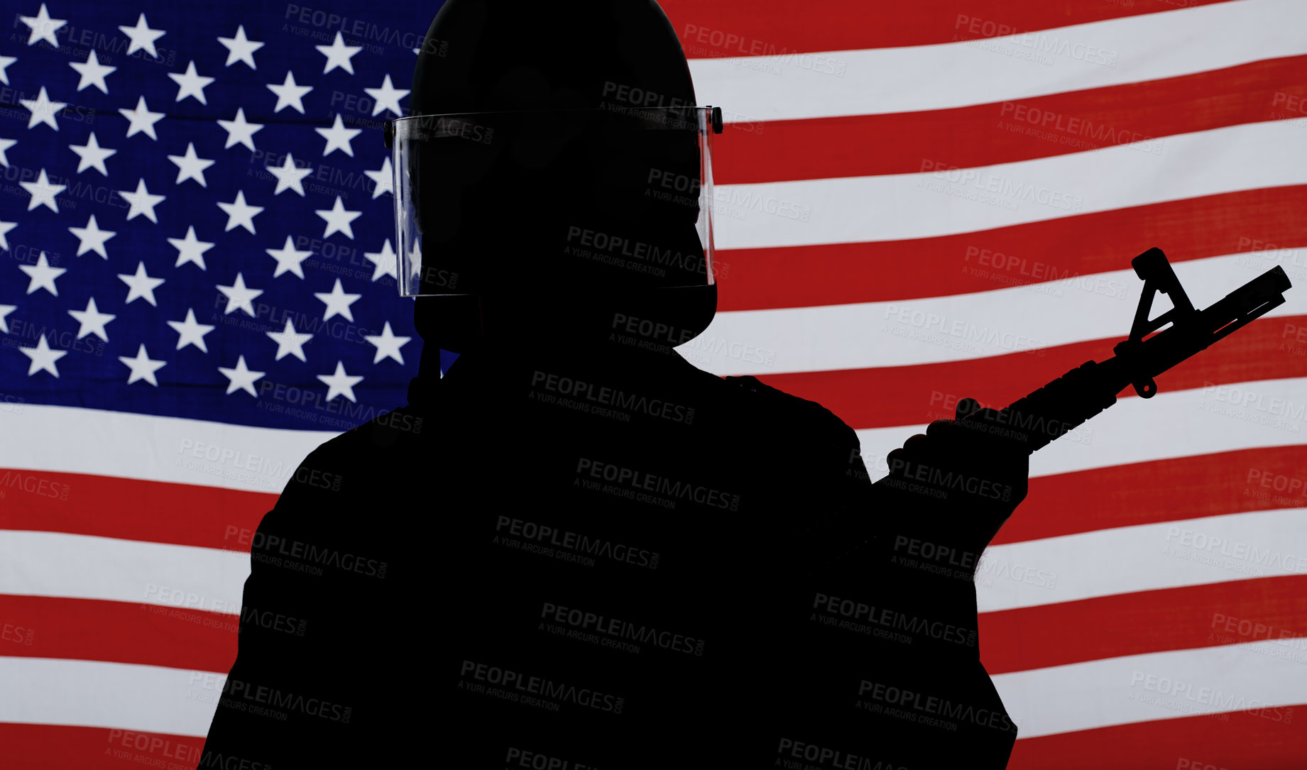 Buy stock photo Army, silhouette and usa with soldier and gun in studio for war, military service or patriotic. Armed forces, hero and veteran with person on American flag background for battle, training and courage