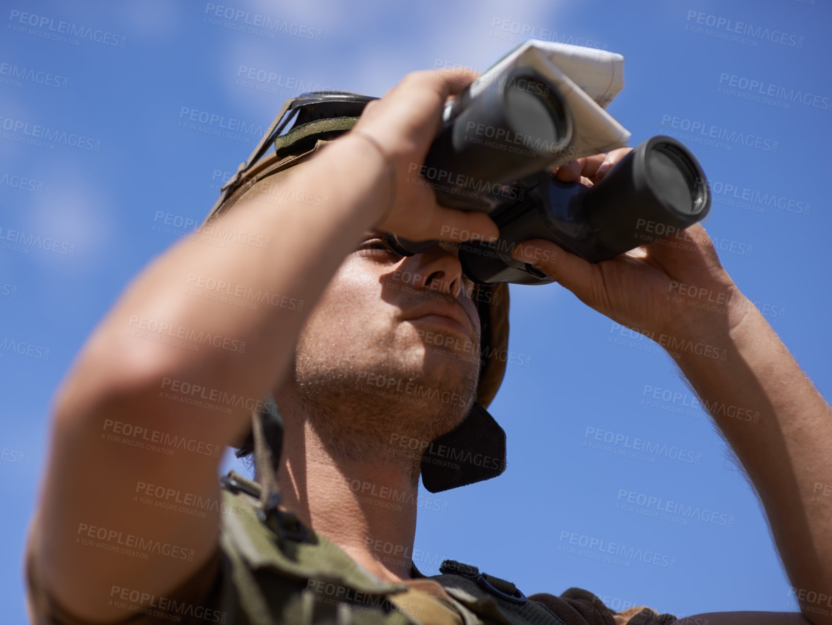 Buy stock photo Man with binocular, soldier surveillance and search enemy location on battlefield during Israel Palestine war. Army equipment, security gear for intelligence in warzone and military operation outdoor