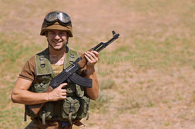 Buy stock photo Military, smile and gun with portrait of man in nature for war, conflict and patriotic. Army, surveillance and security with person and rifle training in outdoors for soldier, battlefield and veteran