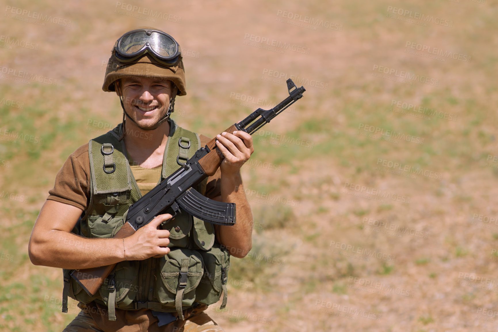 Buy stock photo Military, smile and gun with portrait of man in nature for war, conflict and patriotic. Army, surveillance and security with person and rifle training in outdoors for soldier, battlefield and veteran