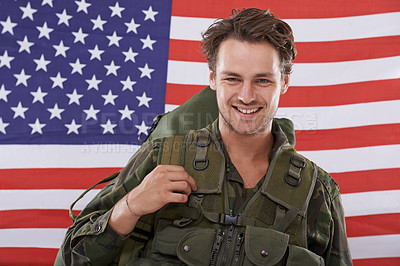 Buy stock photo Military, flag and usa with portrait of man in studio for war, conflict or patriotic. Army, surveillance and security with person and American recruitment for soldier, battlefield or veteran training