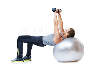 Buy stock photo Man, exercise ball or balance in dumbbell workout performance, wellness or studio on white background. Strong male athlete, training equipment or fitness for mockup space, body challenge or weights