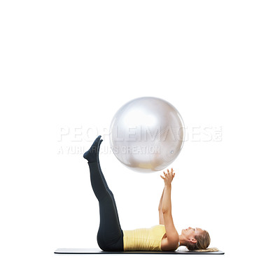 Buy stock photo Woman, ball or core balance on a white background space for workout, wellness or mobility exercise. Female athlete training, mat or fitness for mockup, stretching legs or body flexibility in studio