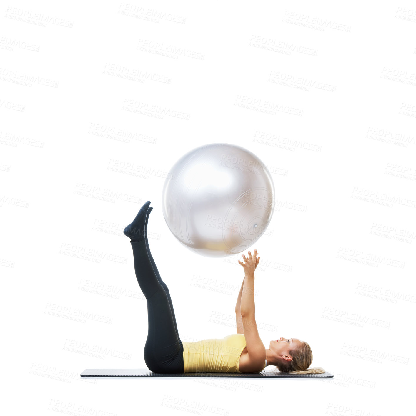 Buy stock photo Woman, ball or core balance on a white background space for workout, wellness or mobility exercise. Female athlete training, mat or fitness for mockup, stretching legs or body flexibility in studio