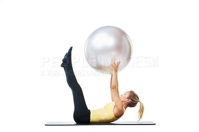 Buy stock photo Stretching, exercise ball and fitness woman on a studio floor for legs, strength or training on white background. Gym, mockup and female athlete with inflatable for ground, workout or flexibility 