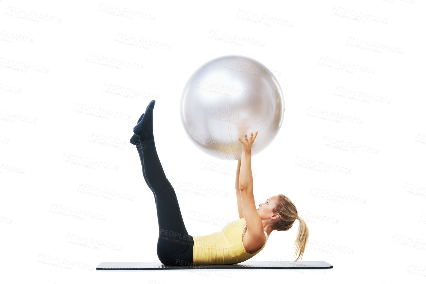 Buy stock photo Stretching, exercise ball and fitness woman on a studio floor for legs, strength or training on white background. Gym, mockup and female athlete with inflatable for ground, workout or flexibility 