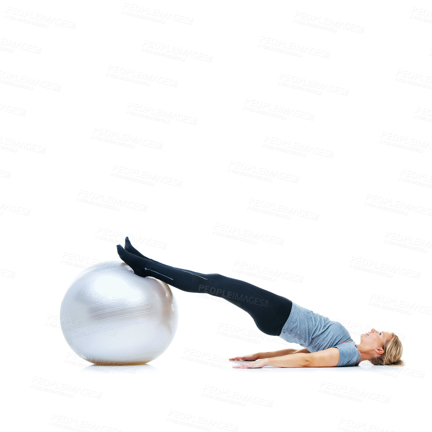 Buy stock photo Woman, ball or body balance on space or white background in workout, training or mobility exercise. Female slim athlete, wellness or core fitness for mockup, stretching legs or flexibility in studio