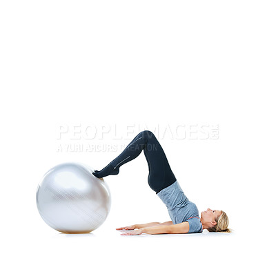 Buy stock photo Woman, ball or stretching on a white background space for workout, wellness or mobility exercise. Female athlete training, core or fitness for mockup, stretching legs or body flexibility in studio