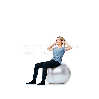 Buy stock photo Happy woman, ball or sit up on a white background space for workout, wellness or mobility exercise. Female athlete training, smile or fitness for mockup, core strength or body challenge in studio