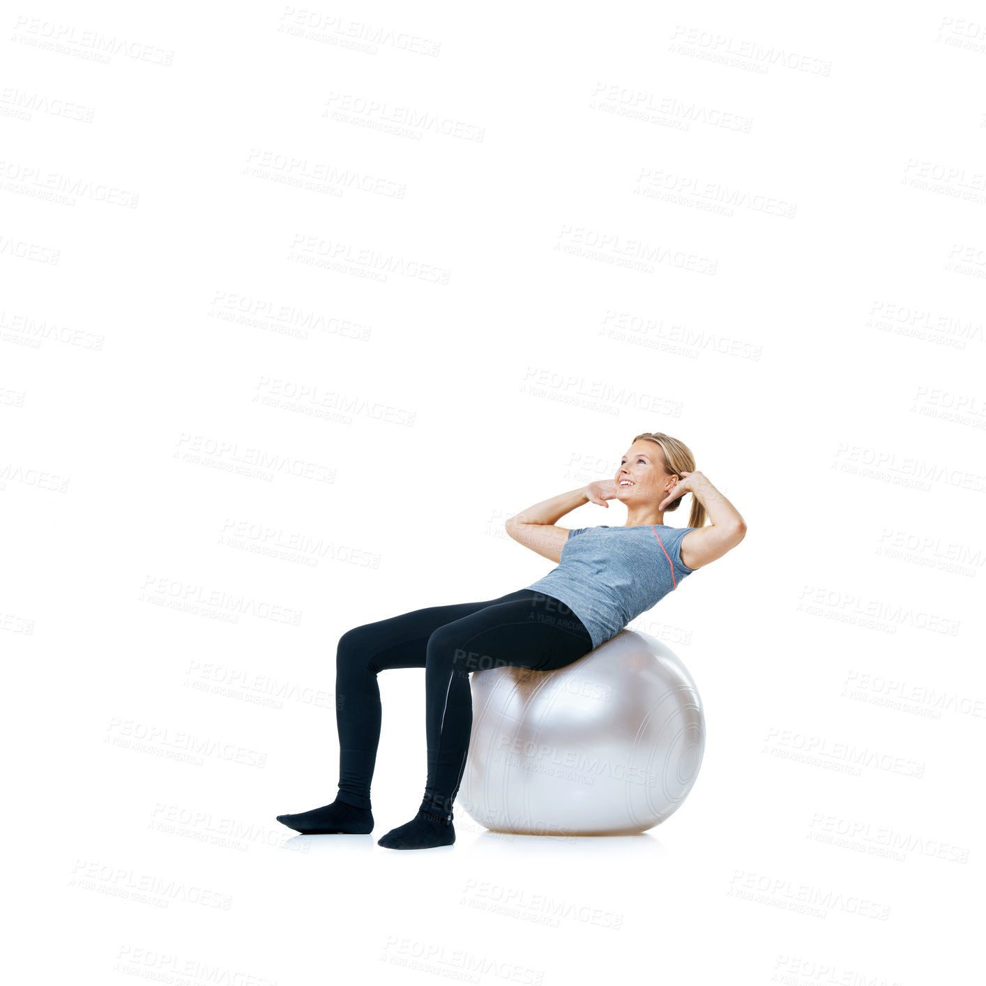 Buy stock photo Happy woman, ball or sit up in studio mockup space for workout, wellness or mobility exercise. Slim female athlete training, smile or fitness for core strength or body challenge on white background