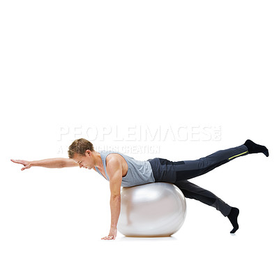 Buy stock photo Stretching on ball, man or balance in studio mockup for workout, wellness or exercise on white background. Flexible athlete, training equipment or fitness for core challenge, body mobility or space