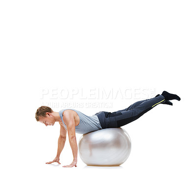 Buy stock photo Man, fitness and exercise ball for training, workout or health and wellness against a white studio background. Active male person or athlete on round object for stretching or pilates on mockup space
