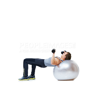 Buy stock photo Fitness, dumbbell or man with exercise ball in studio for abs, core or balance challenge on white background. Workout, weightlifting or male bodybuilder with inflatable for wellness or sports routine