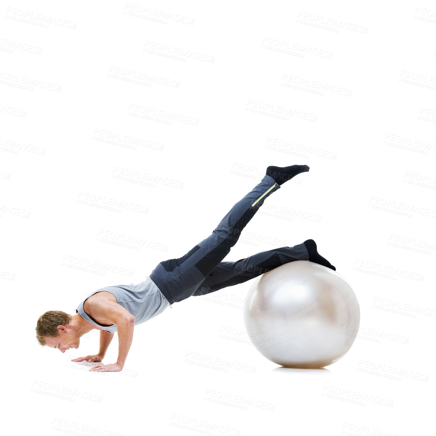 Buy stock photo Man, push ups and balance on exercise ball for fitness, workout or health and wellness on a white studio background. Active male person or athlete on round object, training or pilates on mockup space