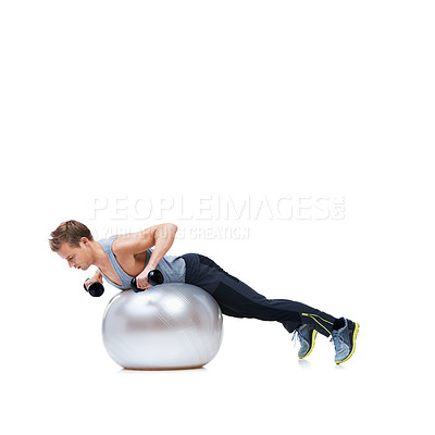 Buy stock photo Man, push ups and dumbbells on exercise ball for fitness, workout or health and wellness on a white studio background. Active male person or athlete in weightlifting, training or balance on mockup