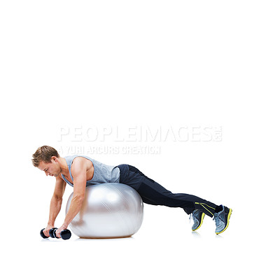 Buy stock photo Man, training or ball in studio for dumbbell workout performance, wellness or white background mockup. Strong male athlete, equipment or fitness weights for exercise space, body challenge or balance
