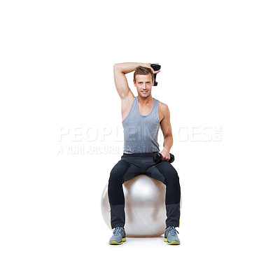 Buy stock photo Man, exercise ball or portrait in studio for dumbbell workout performance, wellness or white background. Strong male athlete, training equipment or fitness for mockup space, body challenge or weights