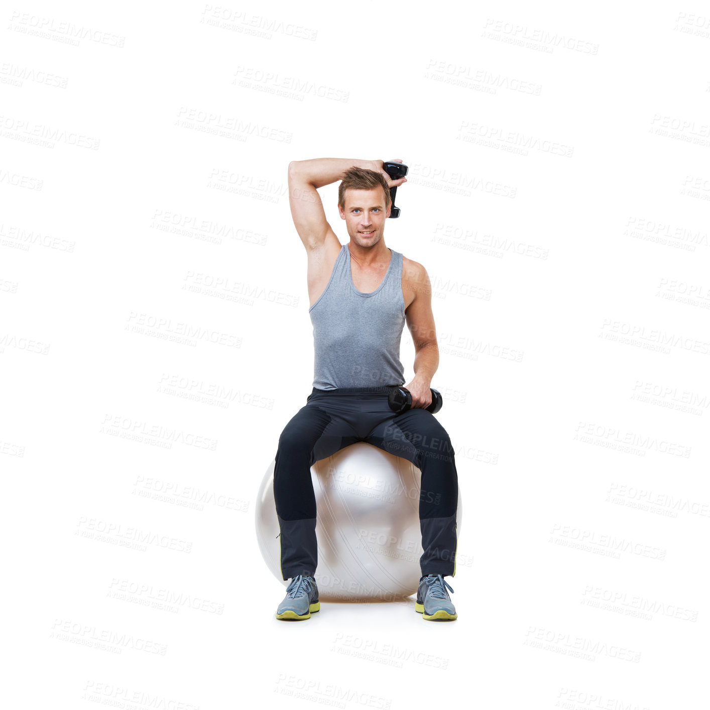 Buy stock photo Man, exercise ball or portrait in studio for dumbbell workout performance, wellness or white background. Strong male athlete, training equipment or fitness for mockup space, body challenge or weights