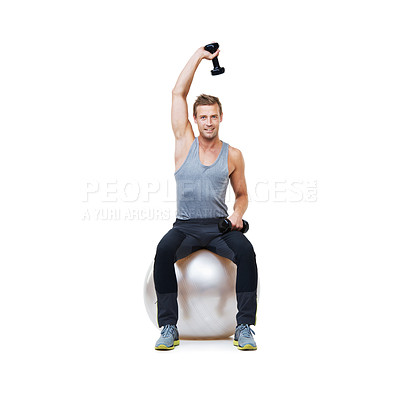 Buy stock photo Man, ball or portrait in studio for dumbbell workout performance, wellness or white background. Strong male athlete, overhead extension or fitness for mockup space, body challenge or weights training