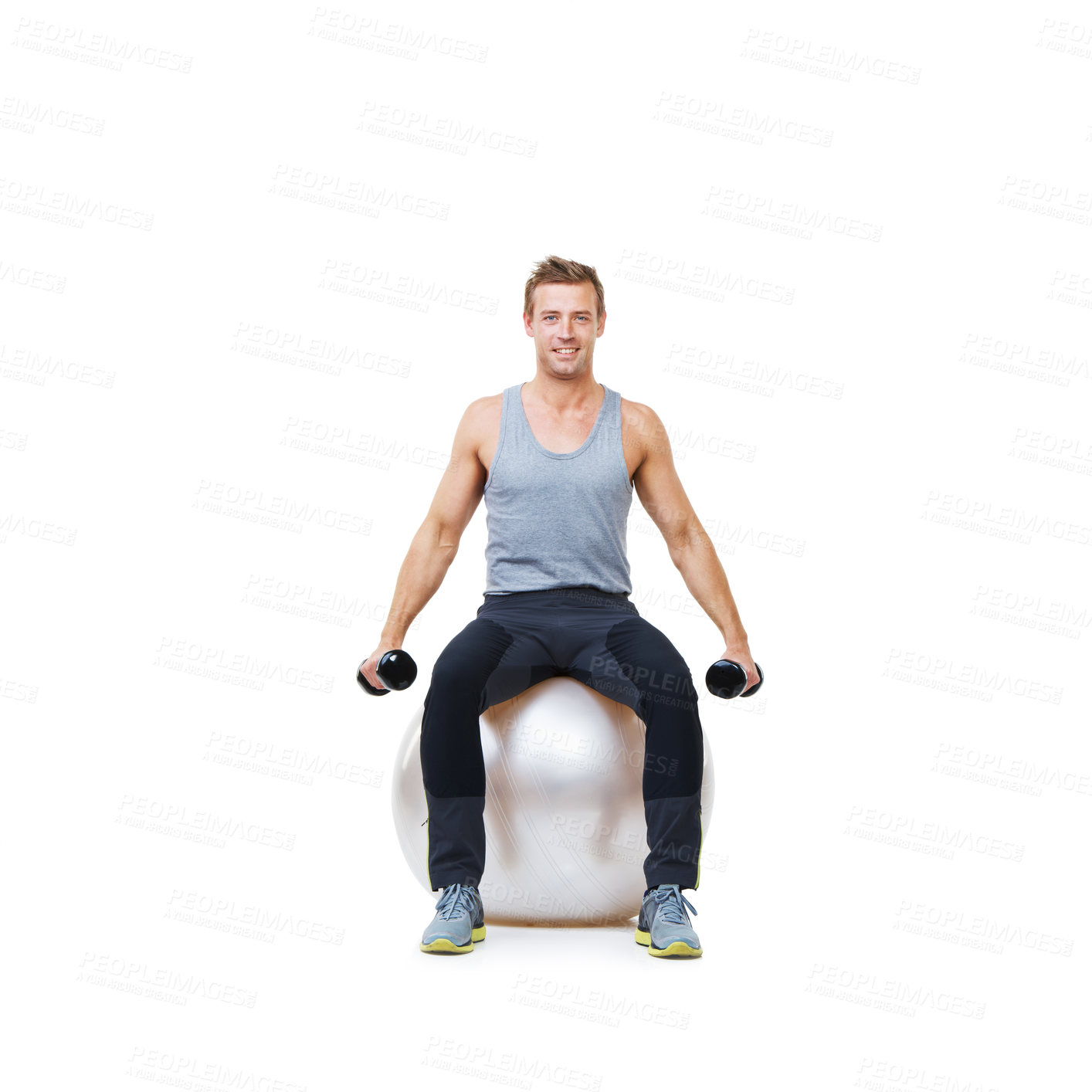 Buy stock photo Happy man, ball or portrait on studio space for dumbbell workout performance, wellness or white background. Strong male athlete, training equipment or fitness weights for mockup, exercise or balance