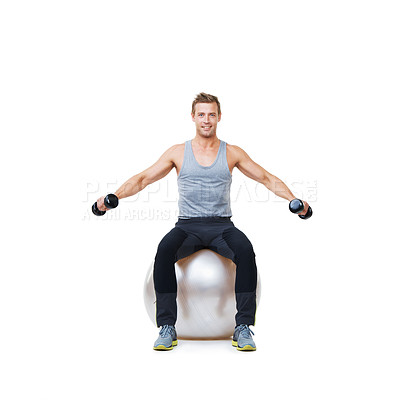 Buy stock photo Happy man, ball or portrait on studio mockup for dumbbell workout performance, wellness or white background. Strong male athlete, training equipment or fitness weights for exercise space or balance
