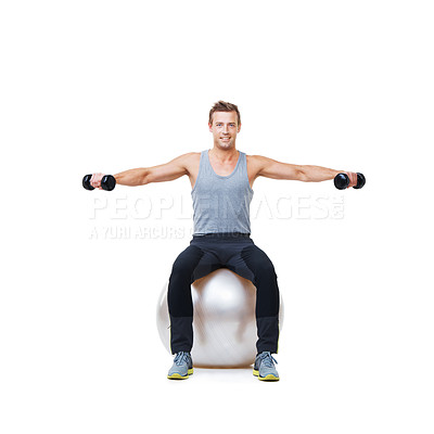 Buy stock photo Happy man, ball balance or portrait in dumbbell workout performance, wellness or white background. Strong athlete, training equipment or fitness space for exercise mockup or lifting weights in studio