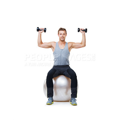 Buy stock photo Happy man, ball balance or portrait in dumbbell workout performance, wellness or white background. Strong athlete, training equipment or fitness studio for exercise mockup space or lifting weights 