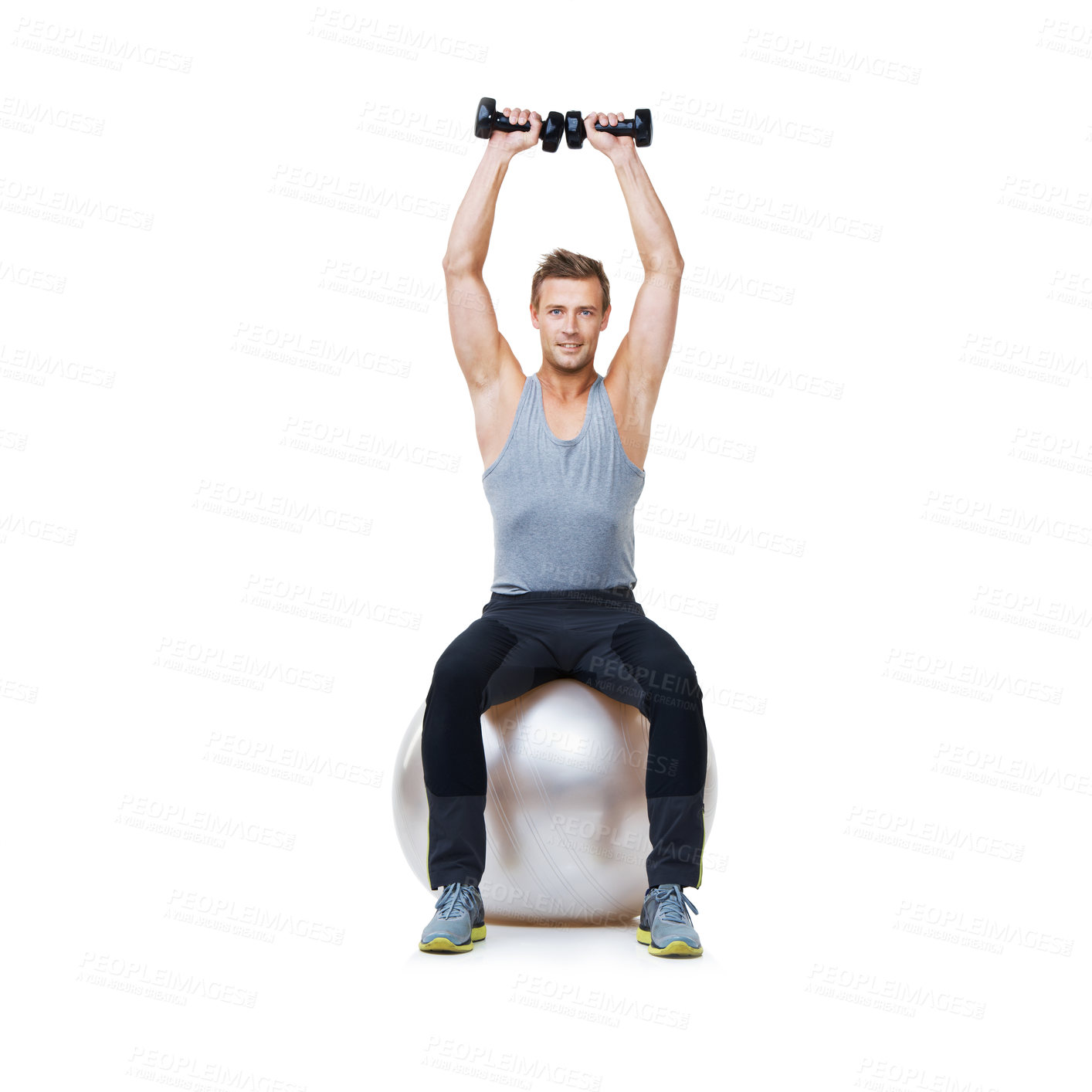 Buy stock photo Dumbbells, ball or man in portrait on a white background mockup for workout performance or wellness. Strong male athlete, training equipment or fitness weights for exercise space, studio or balance