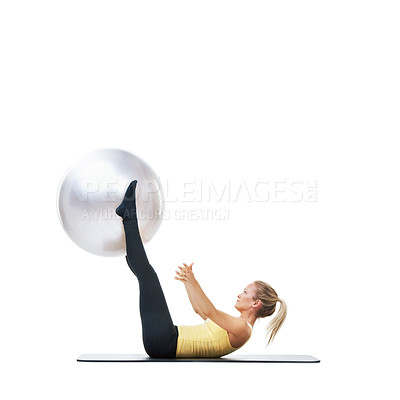 Buy stock photo Exercise ball, fitness and woman stretching on a studio floor for legs, strength or training on white background. Gym, mockup and female athlete with inflatable for ground, workout or flexibility 
