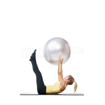 Buy stock photo Yoga ball, sports and woman in studio with body, health and wellness exercise for balance. Fitness, equipment and young female athlete with stretching workout or training isolated by white background