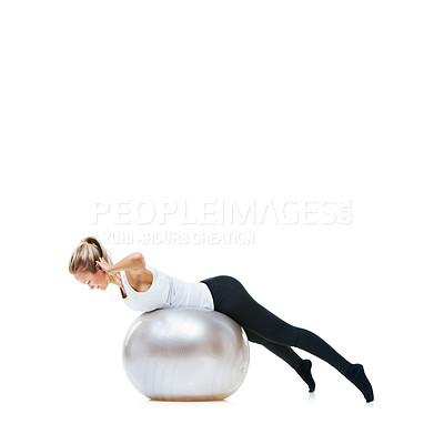Buy stock photo Woman, fitness and exercise ball for workout, training or health and wellness against a white studio background. Active female person or athlete on round object for pilates or balance on mockup space
