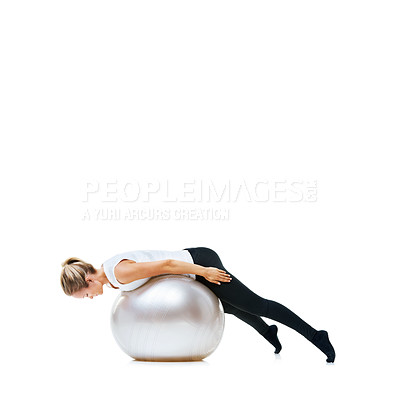 Buy stock photo Woman, body and exercise ball for workout or health and wellness on a white studio background. Active female person or athlete with round object for fitness, training or pilates on mockup space