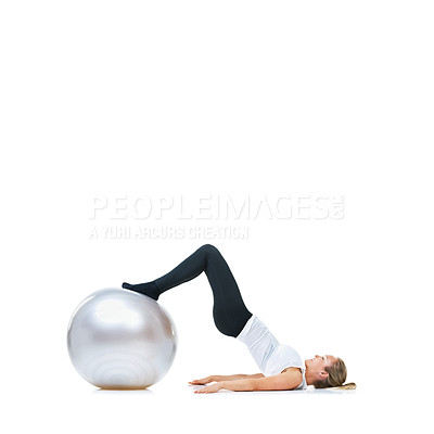 Buy stock photo Woman, ball or balance mockup on a white background for workout, wellness or mobility exercise in studio. Female athlete, training equipment or fitness for stretching legs, space or body flexibility