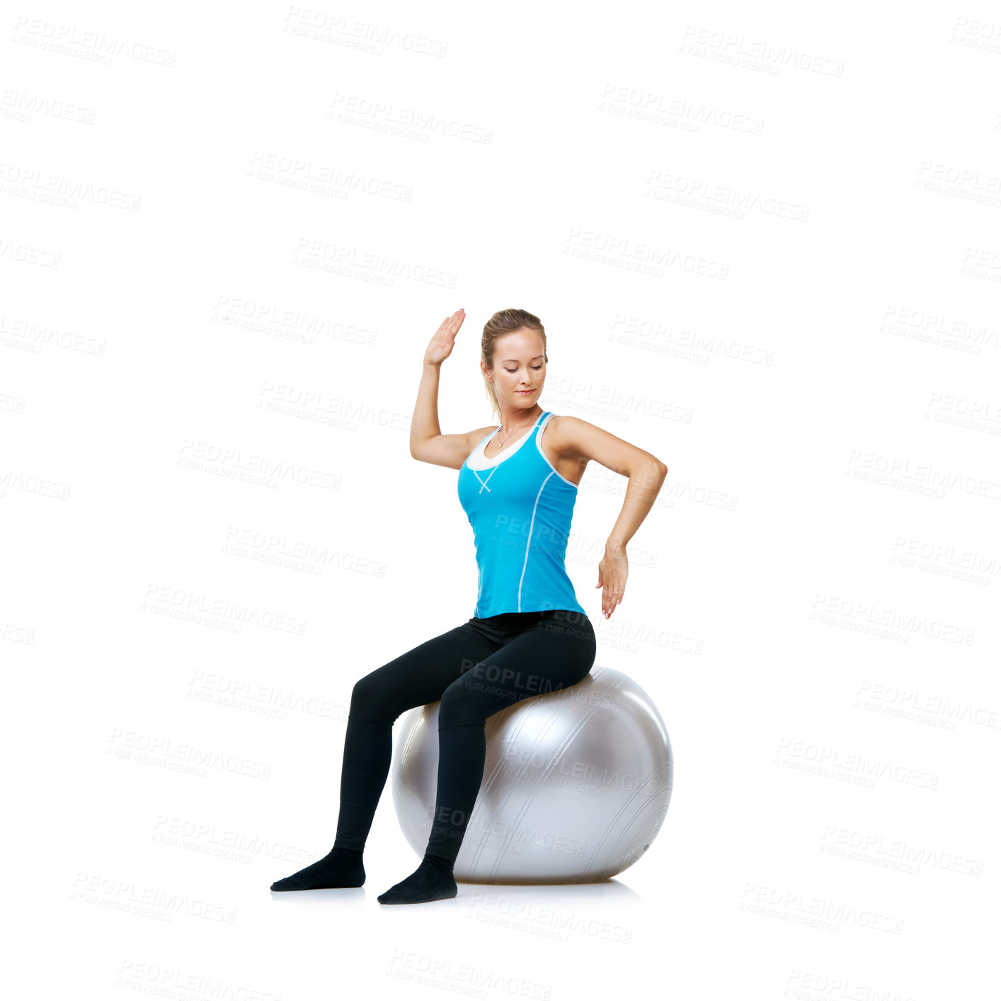 Buy stock photo woman, arms or exercise ball in studio mockup space for workout, wellness or mobility for balance. Female athlete training, healthy or fitness pose for back posture or flexibility on white background