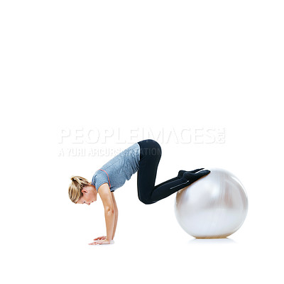 Buy stock photo Woman, fitness and exercise on ball for balance, workout or health and wellness on a white studio background. Active female person or athlete on round object in training or pilates on mockup space