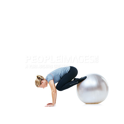 Buy stock photo Woman, legs and exercise ball for balance, workout or health and wellness on a white studio background. Active female person or athlete on round object in fitness, training or pilates on mockup space