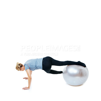 Buy stock photo Woman, ball or balance in studio mockup for workout, wellness or mobility exercise on white background. Athlete, training equipment or fitness for core challenge, stretching body or flexibility space