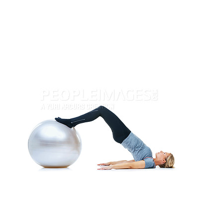 Buy stock photo Woman, ball or balance on a white background for workout, wellness or mobility exercise on studio space. Female athlete, training equipment or fitness for mockup, stretching legs or body flexibility