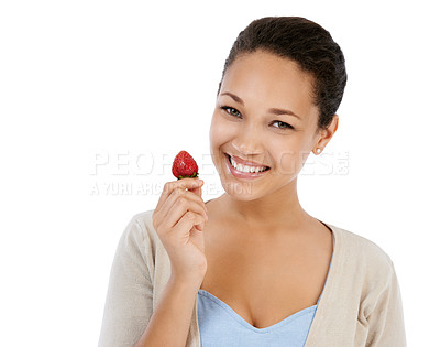 Buy stock photo Portrait, woman and strawberry fruits in studio for healthy detox, vegan diet and eco nutrition on white background. Happy model eating red berries for sustainable benefits, vitamin c and sweet food 