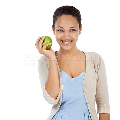 Buy stock photo Portrait, apple and happy woman in studio with healthy food choice, healthcare or nutrition benefits. Face of person or model with green fruit for detox, self care or vegan diet on a white background