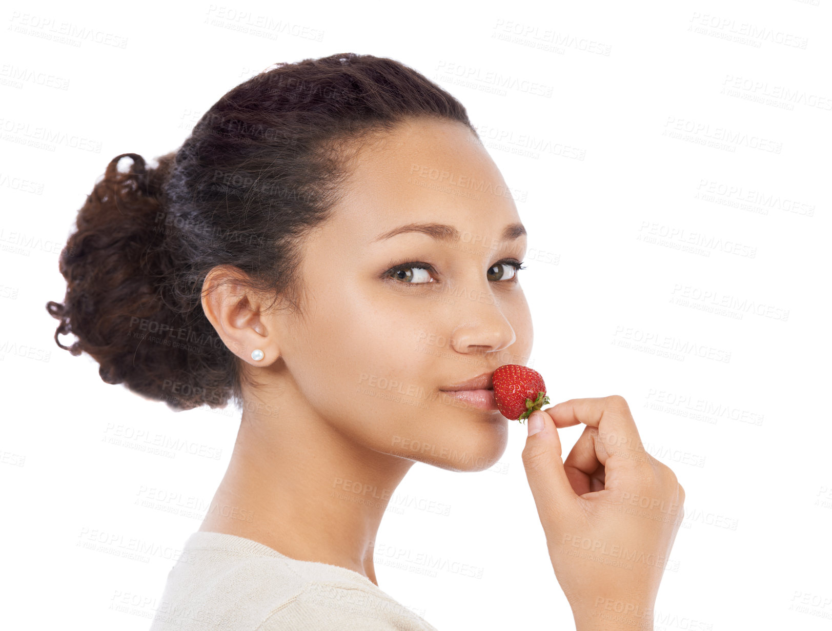 Buy stock photo Portrait, face of woman and eating strawberry in studio for health, vegan diet and nutrition on white background. Model, red berries and sustainable benefits of detox food, vitamin c and sweet fruits